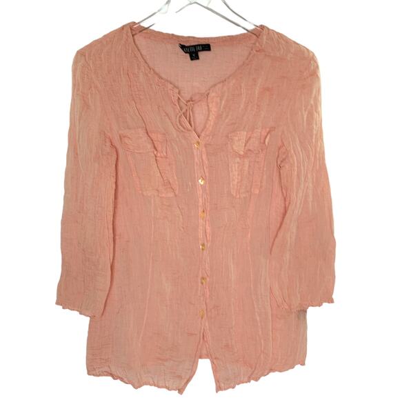 Lafayette 148 Size 10 Coral Peach Crinkle Button Front Shirt Tie Neck - Picture 1 of 8